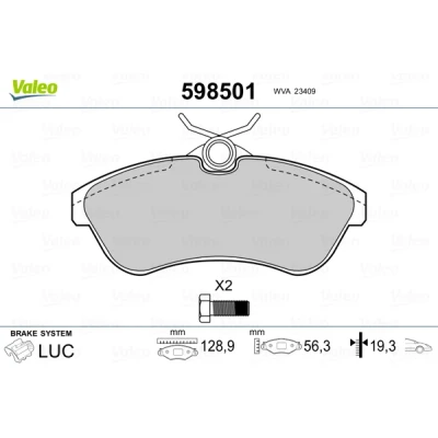 Abbildung von VALEO 598501 Bremsbelagsatz Vorderachse exkl. Verschleißwarnkontakt mit Sicherungsschraubensatz, ohne Anti Quietsch Blech CITROËN: C2 Schrägheck