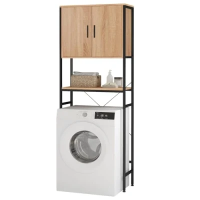 Abbildung von EUGAD Waschmaschinenschrank, Waschmaschinenregal Regal über Waschmaschine Toilette, Toilettenregal mit Schrank Verstellbarer Ablage, Badregal aus Holzwerkstoff Metall, 64.5x170x27 cm