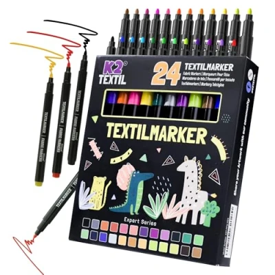 Abbildung von K2 TEXTIL 24 Textilstifte Waschmaschinenfest, Textilmarker zum Bemalen, Textilfarben Für Textilien &amp; Schuhe, Stoffmarker Kinder Geeignet (24er Pack)