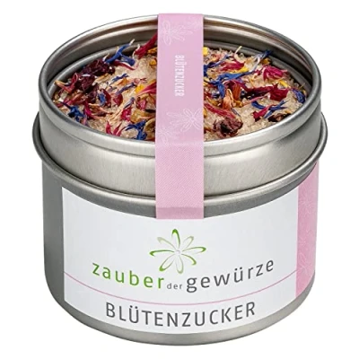 Abbildung von Zauber der Gewürze Blütenzucker Mischung aus Zucker und essbaren Blüten, himmlischer Genuss zur Dekoration von Desserts, Süßspeisen, Shakes Porridge, wiederverschließbare Aroma Dose, 85 g