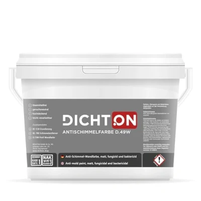Abbildung von DICHTON Wand und Deckenfarbe D.49W, Anti Schimmel Farbe weiß matt, Feuchtraumfarbe, Antischimmelfarbe