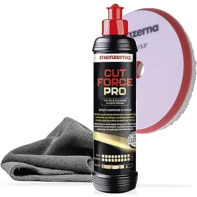 Abbildung von Menzerna Cut Force Pro Auto Politur Set 250ml 3in1 All in One Autopolitur zum Kratzer entfernen Profi Step Polierpaste Schleifpaste alle Lackarten + Orbital Wool Polierpad Poliertuch 380GSM
