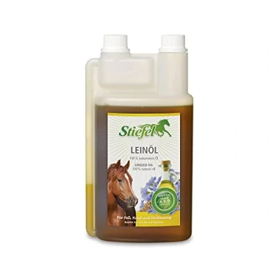 Abbildung von Stiefel Leinöl Doppelpack 2 x 1 Liter Ergänzungsfuttermittel für Pferde kann Sich positiv auf Haut und das Fell auswirken zu Einer gesunden Verdauung beitragen