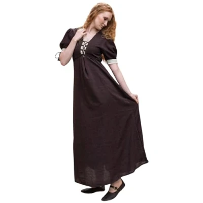 Abbildung von Leonardo Carbone® Damen Kleid Sommerkleid V Ausschnitt Mit Schnürung Weit Schwingender Rock Karneval, Halloween, Cosplay, LARP, Mittelalter, Wikinger 100% Baumwolle Braun/Natur S