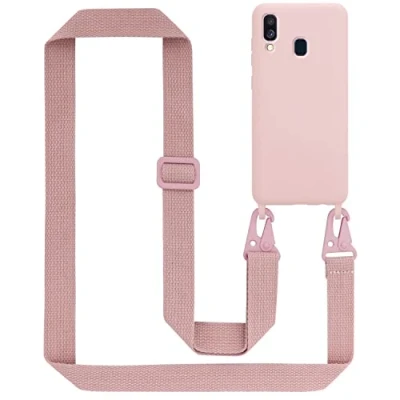 Abbildung von Cadorabo Handykette kompatibel mit Samsung Galaxy A40 Schutzhülle TPU Liquid Silikon Case Necklace verstellbarem Band Kordel Etui Rundumschutz Hülle für in Rosa