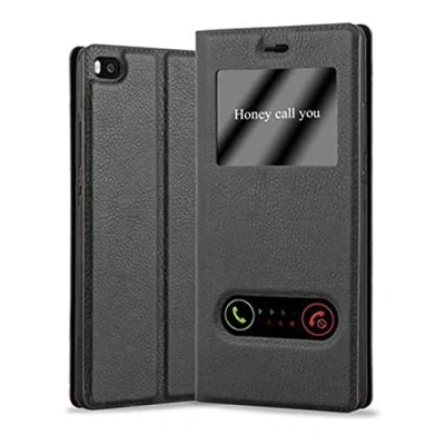 Abbildung von Cadorabo Hülle kompatibel mit Huawei P8 Sichtfenster aus Premium Kunst Leder Flip Klappbare Stoßfeste Magnetische [Standfunktion] [Kartenfächern] Cover für Tasche in Schwarz
