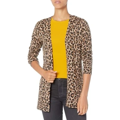 Abbildung von Amazon Essentials Damen Leichte Strickjacke, Vorne Offen (Erhältlich In Übergröße), Kamelbraun Leopardenmuster, M