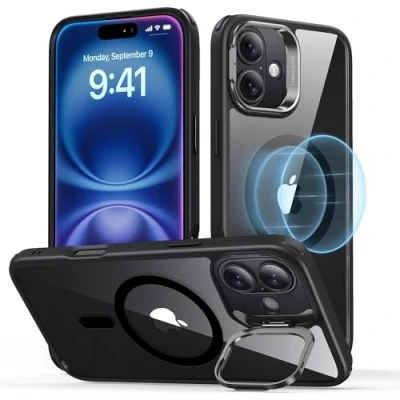 Abbildung von ESR für iPhone 16 Hülle, kompatibel mit MagSafe, Militärnorm Schutzhülle, integrierter Versteck Ständer Handy Case, Kratzfeste Rückseite, Classic Serie, Klares Schwarz