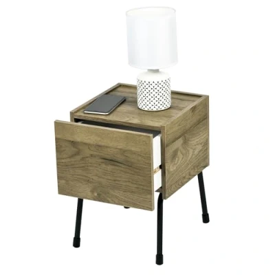 Abbildung von Iris Ohyama, Nachttisch, Kleiner Beistelltisch, 1 ausziehbarer Tisch, Füße mit Kratzschutz, Geräumig, Eleganter Chic, Schlafzimmer Side Table IWST 300 Aschbraun