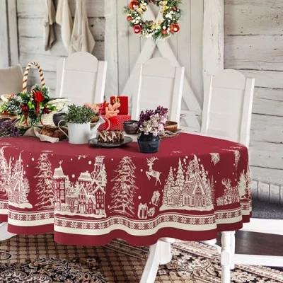 Abbildung von Ovale Weihnachtstischdecke, Weihnachtsbaum, Elch, Weihnachtsmann, Schneeflocke, Rot, Polyester, wasserdicht, knitterfrei, langlebig, Tischdecke für Urlaub, Küche, Winter und Heimdekoration
