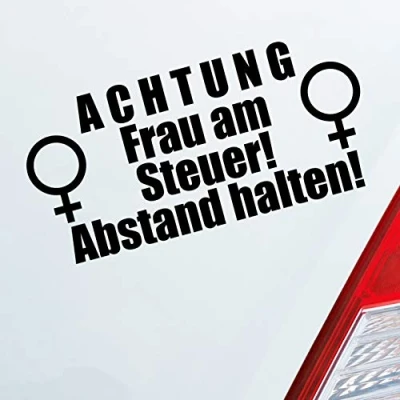 Abbildung von Hellweg Druckerei Achtung Frau am Steuer! Abstand halten! Auto Aufkleber Sticker Heckscheibenaufkleber