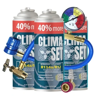 Abbildung von ClimaSet R134a kältemittel Ersatzgas Kühlmittel Klima Auto Gasflasche 3x235 g Klimaanlage Nachfüllset Wohnmobil schlauch Manometer ECO