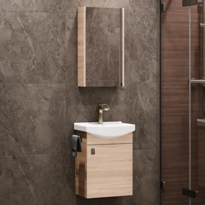 Abbildung von Planetmöbel Badmöbel Set aus Waschtisch + Waschbecken Spiegelschrank, Gäste Bad WC, Farbe Sonoma Eiche