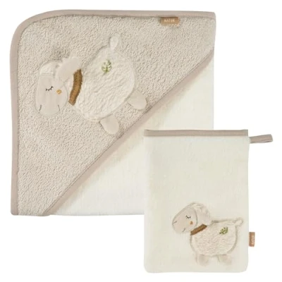 Abbildung von Fehn Bade Set Schaf Natur Handtuch &amp; Waschlappen mit Bio Baumwolle (KBA) Tiermotiv für fröhlichen Badespaß Babys und Kleinkinder ab 0+ Monaten