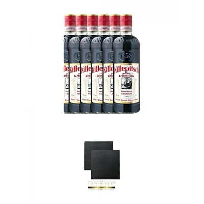 Abbildung von Killepitsch Kräuterlikör 6 x 0,7 Liter + Schiefer Glasuntersetzer eckig ca. 9,5 cm Ø 2 Stück