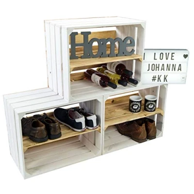 Abbildung von Kistenkolli Altes Land 3er Set Neue weiße Obstkiste Johanna/Schuhregal Ablageregal Schuhbox Weinkiste Apfelkiste Holzkiste Regalkiste Ablagekiste (3er Weiss mit geflammtem Boden LÄNGS GEFLAMMT)