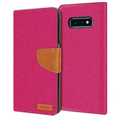 Abbildung von Verco kompatibel mit Samsung Galaxy S10e Hülle, Schutzhülle für Tasche Denim Textil Book Case Flip Klapphülle Pink