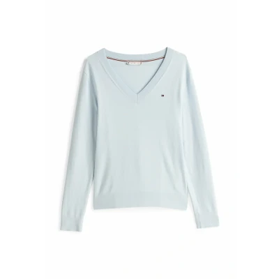 Abbildung von Tommy Hilfiger Damen Pullover Jersey V Neck Strickpullover, Blau (Breezy Blue), L