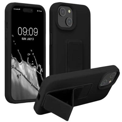 Abbildung von kwmobile Handyhülle kompatibel mit iPhone 15 Hülle Fingerhalter und Standfunktion Silikon Case Handy Cover in Schwarz