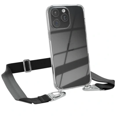 Abbildung von EAZY CASE Hülle mit Band kompatibel iPhone 15 Pro Max Handyhülle Umhängeband für Silikonhülle Transparent Schutzhülle Handykette zum Umhängen Handykordel Smartphone Schwarz