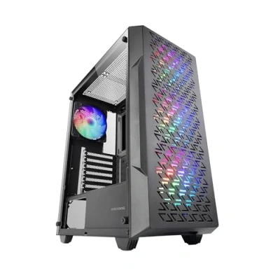 Abbildung von MARSGAMING MC GEO, Gaming ATX Gehäuse, 4X FRGB Rainbow 12cm Lüfter, Geometrisches Mesh Frontpanel, Fenster Gehärtetem Glas, PC Midi Tower Doppelkammer Design, Unterstützung für Wasserkühlung, Schwarz