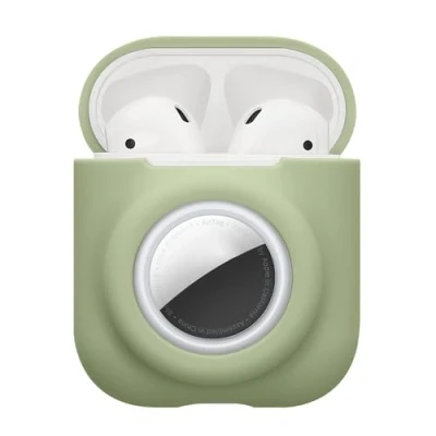 Abbildung von kwmobile 2 in1 Hülle kompatibel mit Apple Airpods 1 &amp; und AirTag Kopfhörer Case Weiches Silikon Cover Schutzhülle Karabiner Matcha Grün