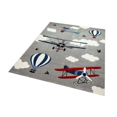 Abbildung von Kinderteppich Teppich Kinderzimmer Flugzeuge Doppeldecker Heißluftballon grau blau creme, Carpetia, rechteckig, Höhe: 13 mm