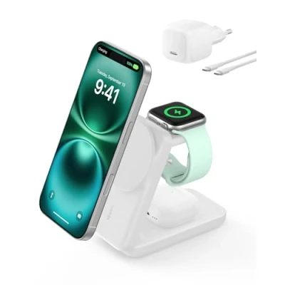 Abbildung von Belkin 3 in 1 Ladestation Apple Watch und iPhone mit Qi2, 25W, Ladegerät MagSafe kompatibel, Wireless Charger für 16, Watch, AirPods, induktive 45 W Adapter Weiß