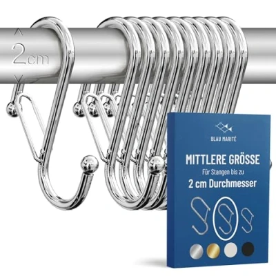 Abbildung von Blau Marité 10 Stück robuste S Haken aus Metall, rutschfeste mit Sicherheitsverschluss. Für Stangen bis zu 2 cm Durchmesser. Schränke, Bad, Küche und Garten. (MTL, Silber)