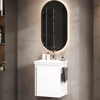 Abbildung von Planetmöbel Waschtischunterschrank in Weiß 50cm mit Waschbecken &amp; Spiegel, Badmöbel Set für Badezimmer Gäste WC