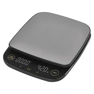 Abbildung von EMOS Digitale Küchenwaage aus Edelstahl mit LED Anzeige, elektronische Kaffeewaage zum Aufhängen, Genauigkeit 0,1g, Höchstlast 3,0kg, Tara, Überlastungsalarm, Abschaltfunktion, Timer, inkl. Batterien