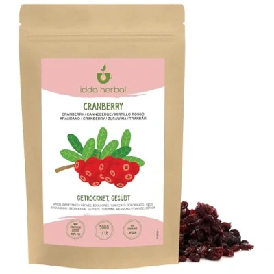 Abbildung von Cranberries getrocknet (500g), Ganze Cranberry mit Apfelsaft gesüßt, Weich und zäh, Verzehrfertiger Fruchtsnack, Vegan