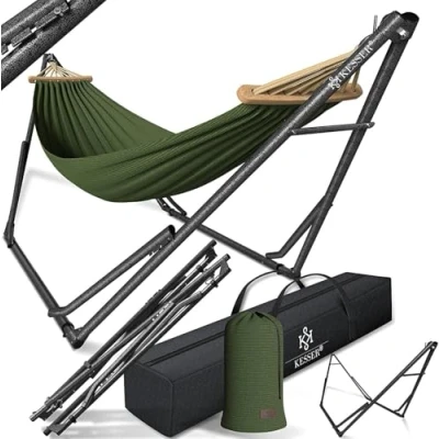 Abbildung von KESSER® Hängematte Vill Mit Gestell Metall Faltbar verstellbar Stabiler Rahmen Indoor &amp; Outdoor Tragetasche + Beutel Hängesessel Hängemattengestell Camping Garten Pool Balkon Terrasse, Khaki