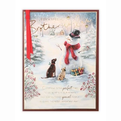 Abbildung von Clintons: Weihnachtskarte für Schwiegerbruder mit Schneemann und Hunden, den Schwieger