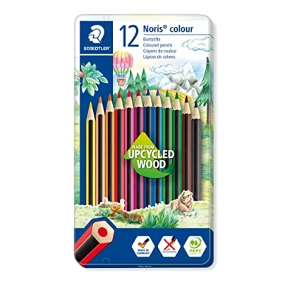 Abbildung von STAEDTLER Buntstifte Noris colour, rutschfeste Soft Oberfläche, hohe Bruchfestigkeit, Made from Upcycled Wood, intensive Farben, Sechskantformat, 12 Farbstifte im Metalletui, 185 M12