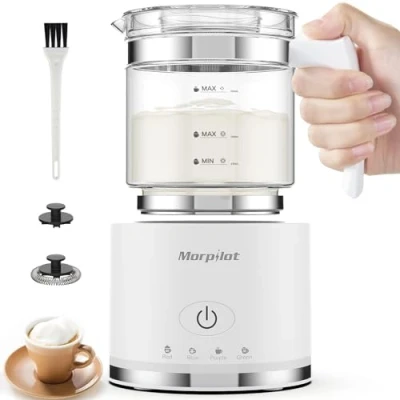Abbildung von Morpilot Milchaufschäumer Elektrisch, 130 500ml 600W, 4 in 1 Milchschäumer für Heißer und Kalter, Spülmaschinenfest, Visuelles Glas, Latte Design, Weiß