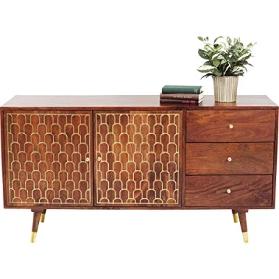 Abbildung von Kare Sideboard Muskat, braun, Kommode, 3 Schüben, 2 Türen, goldene Akzente, handgefertigt, Retro Sideboard, 75x145x45 cm (H/B/T)