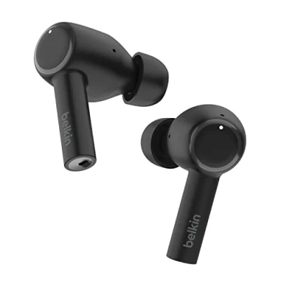 Abbildung von Belkin SoundForm™ Pulse In Ear Kopfhörer mit Geräuschunterdrückung, kabelloses Ladecase, 3 Mikrofone je Ohrhörer, Spritzwasserschutz (Schutzart IPX5), Bluetooth für iPhone, Samsung Schwarz