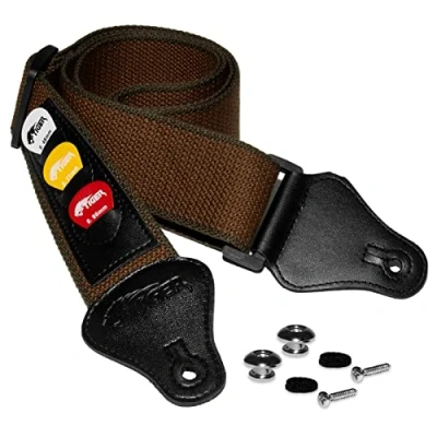 Abbildung von TIGER STP5 BR PACK Gitarrengurt mit Pickhaltern, Picks und Gurtknopf für Klassische, Akustische, Elektrische Bassgitarren Braun