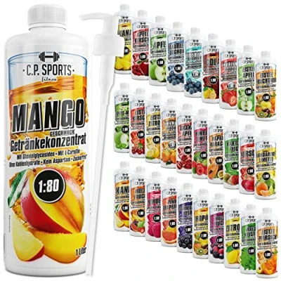 Abbildung von C.P. Sports Getränkesirup für Mineraldrink I Sirup zuckerfrei Vital Drink MANGO mit Vitaminen Getränkekonzentrat zum Mischen Wasser Sport Getränk 1 Liter + Pumpspender