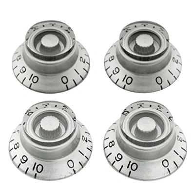 Abbildung von Musiclily Pro Metrische Größe 18 Splines Hutform Potiknopfe Top Hat Bell Knobs für Epiphone Les Paul SG Style E Gitarre, Silber(4er Set)