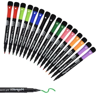 Abbildung von Willingood Whiteboard Marker, 16 Stück Magnetisch Stifte mit Schwamm, Geruchsarmer Trocken Abwischbar Folienstift Radiergummi für Zuhause Schule Büro, 8 Farben Rundspitze 1 2mm