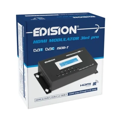 Abbildung von EDISION HDMI Modulator 3in1 pro, auf Kabel DVB C, Terrestrisch T oder ISDB T, Full HD Verteilung über Koaxial, Loop, RF IN, LCD Display, Schnelle Konfiguration, Plug &amp; Play