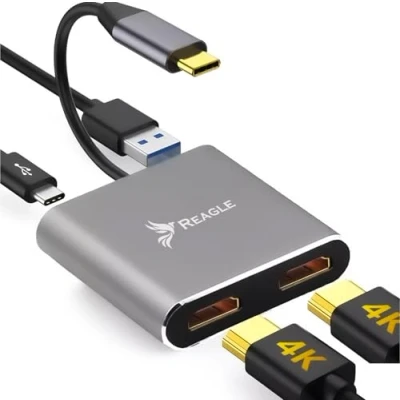 Abbildung von Reagle USB C Hub Adapter 2x 4K HDMI, 100W Power Delivery, 3.2 Gen 1, 5Gb/s, Aluminium Gehäuse, Kompatibel mit MacBook, Windows und Android Geräten, Erweiterter Desktop Modus, Video Mirroring, Ko