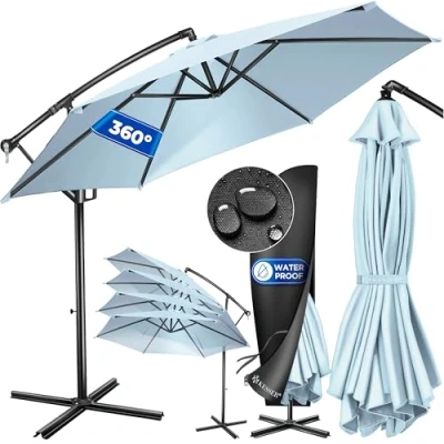 Abbildung von KESSER® Alu Ampelschirm Sonnenschirm + Abdeckung Ø300 cm &amp; Kurbelvorrichtung Kurbelschirm mit Ständer UV Schutz Aluminium Wasserabweisende Bespannung 360 Funktion Garten Schirm Marktschirm Hellblau