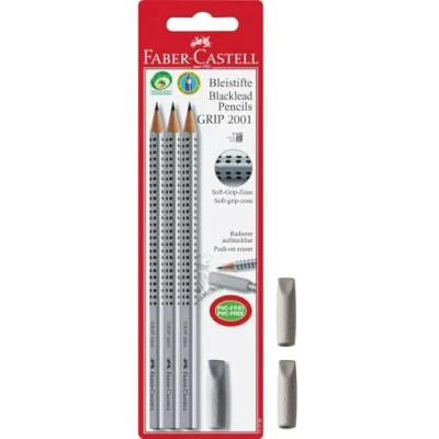 Abbildung von Faber Castell 117197 Bleistiftset GRIP 2001 mit Gummi Tip, Schaftfarbe: silber, Bleistifte Radiergummikappe zum Schutz der Bleistiftmine (3 B + 3 Radierkappen)