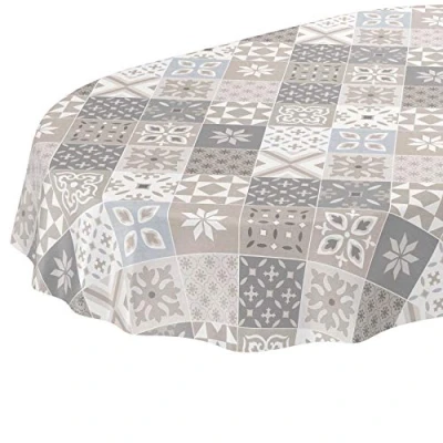 Abbildung von ANRO Tischdecke Wachstuch abwaschbar Wachstuchtischdecke Wachstischdecke Kacheloptik Fliese Beige Grau Blau Oval 240x140cm