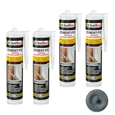 Abbildung von Isolbau Zement Fix 4 x 300 ml Dunkelgrau Express Reperaturmörtel Dichtungsmasse für Fugen &amp; Risse im Innen Außenbereich, Kartusche