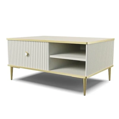 Abbildung von Homlando Couchtisch Petra 90 x 60 cm Quadrat Beistelltisch Tisch für Wohnzimmer Gefräste MDF Dekorationen auf goldenen Metallbeinen Kaffeetisch mit Regal (Kaschmir)