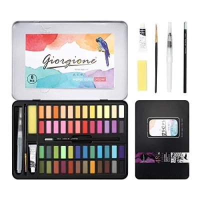 Abbildung von DazSpirit 48 Farben Aquarell Farbkasten, Aquarellfarben Wasserfarben Set, für Reisen, Mit Pinsel und 8 Aquarellpapier, Künstler, Hobbymaler Malerei Liebhaber